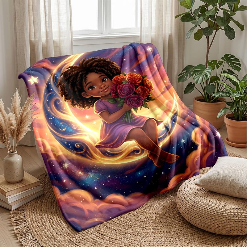Girl on Crescent Moon with Roses Theme blanket Lightweight Warm Flannel Blanket Decorative Throw Blanket for Home Decoration