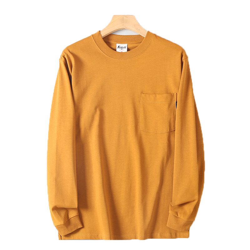 310g Heavyweight Vintage Pure Cotton Simple Pocket Design Solid Color Long-Sleeve T-Shirt for Men Casual Loose Round Neck Base Shirt