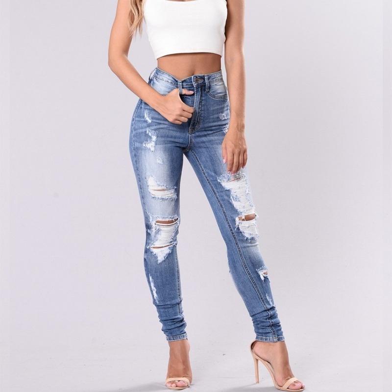 Women's Fashion Ripped Jeans Stretch Thin Beggar Pants Casual Denim Pants High Waist Leggings Trousers