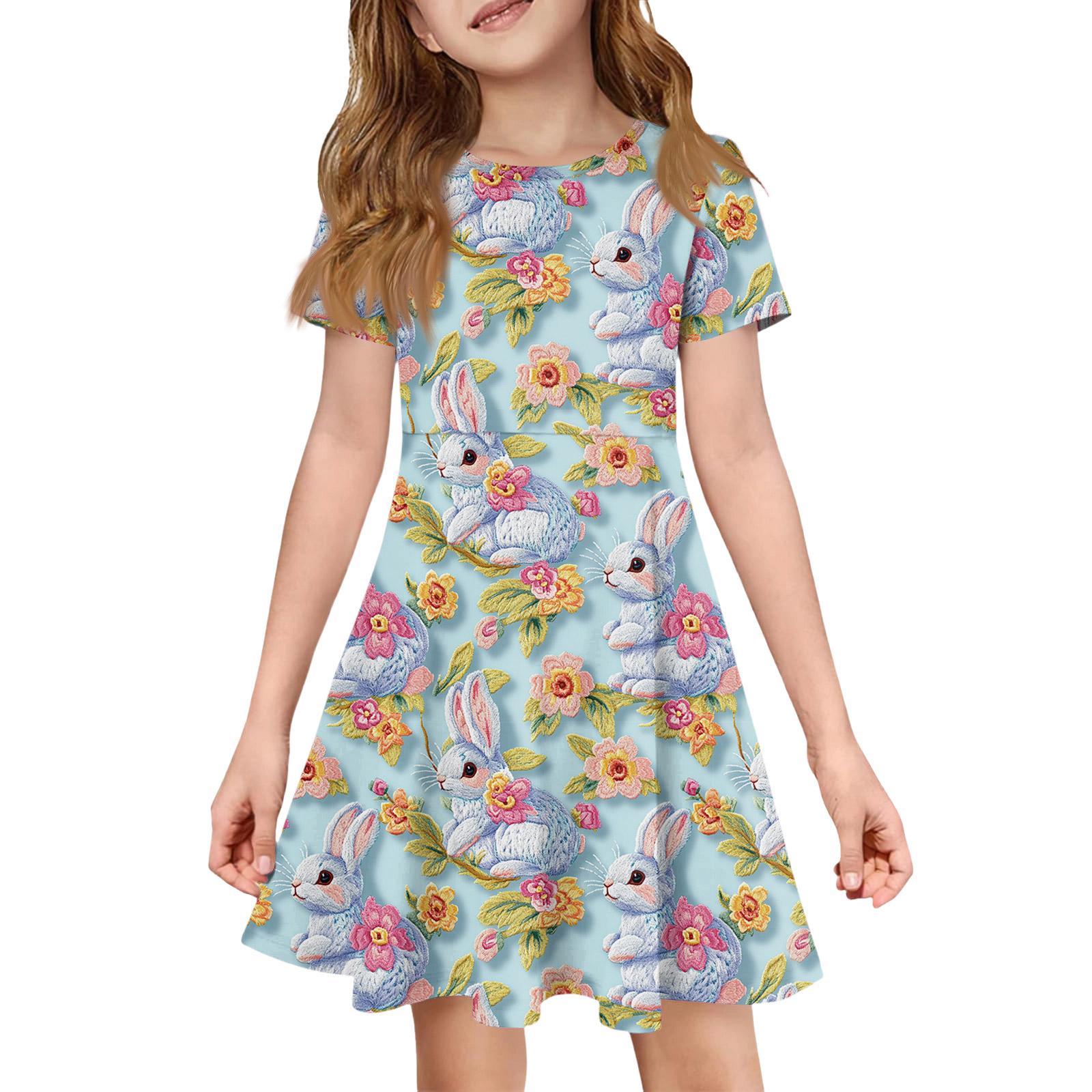 

Girl Summer Dress Color & Print Short Sleeve Dress With Pocket Casual Dress Shorts Sleeve Party Dress Easter Day 150 синий