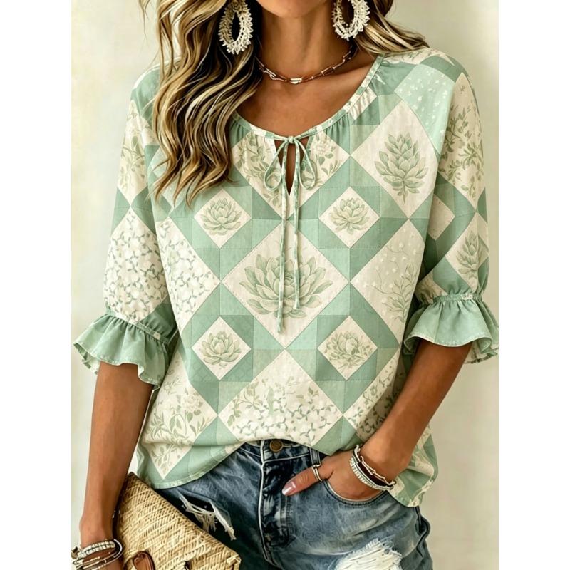 Women's Spring Summer Casual Blouse, Green Succulent Patchwork Print Tops for Daily Street Holiday Dating Leisure Outfit