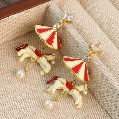 Creative Enamel Carousel Pearl Pendant Earrings & Necklace - European & American Style Christmas Series