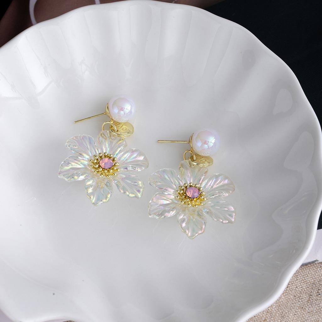 Summer Colorful Pearl Flower Pendant Earrings, Small Fresh Fashion High Sense Sweet Resin Earrings