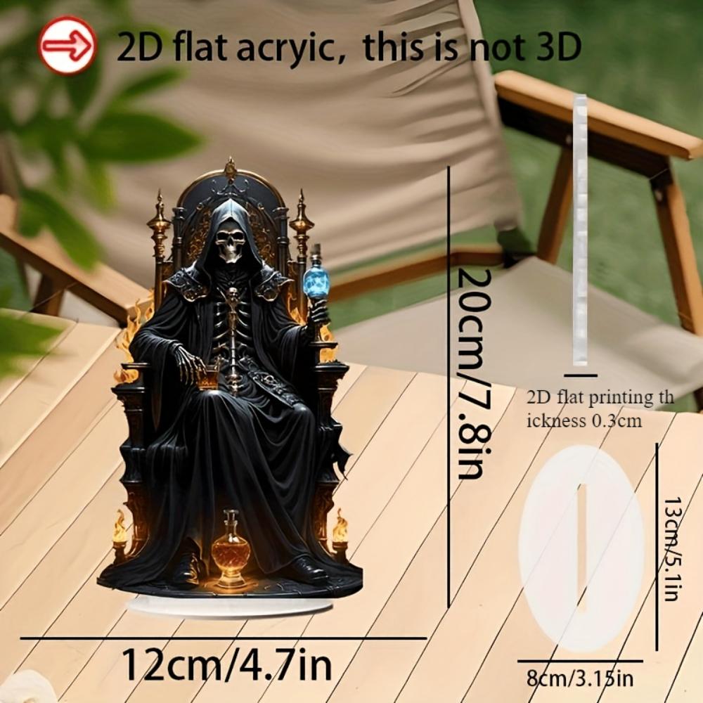2D Flat Print, Home Decoration Ornaments, Vintage Style Acrylic Reaper Statue with Base, Skull and Flame Design, Home and Office Decoration