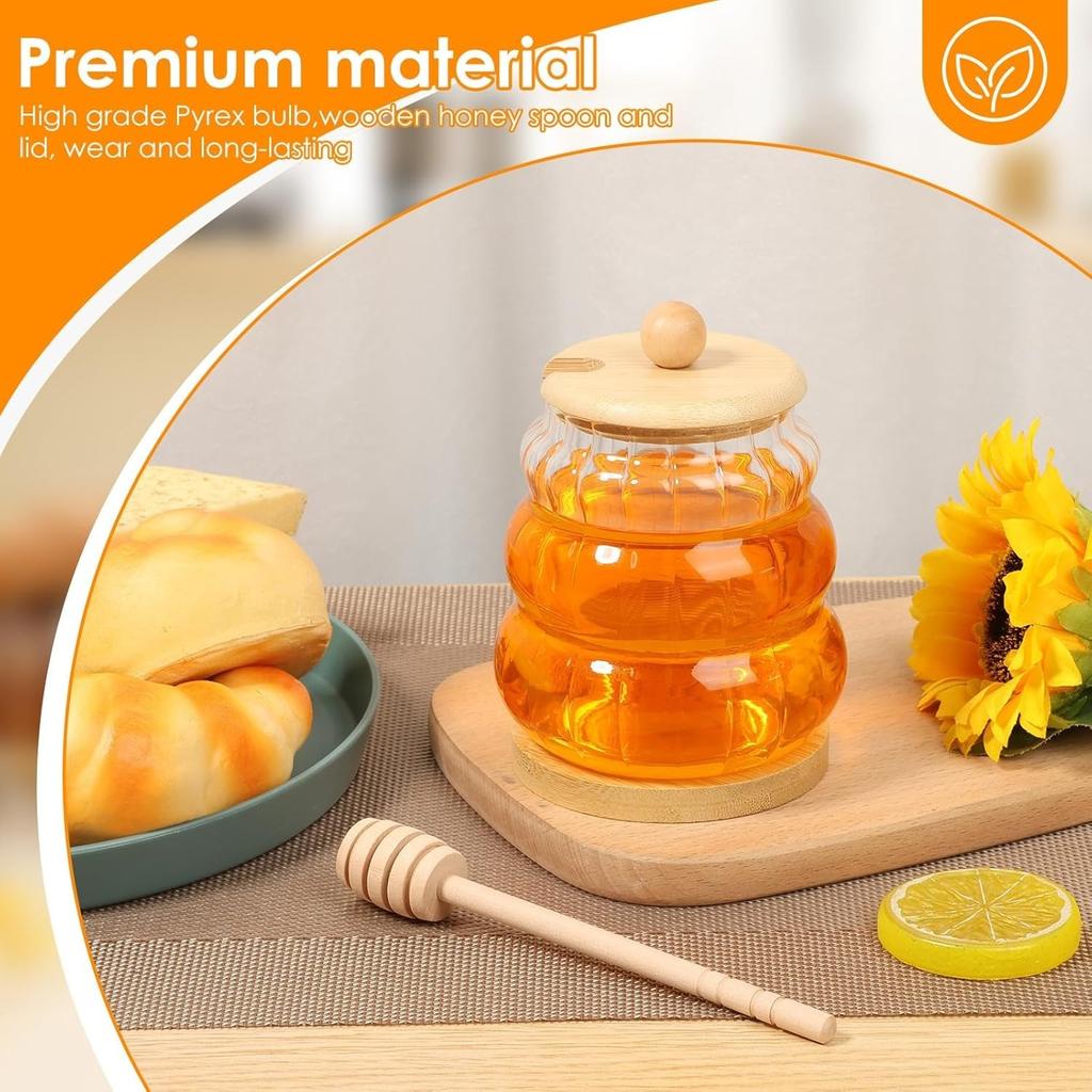 2pcs 15oz Glass Honey Jar with Dipper, Honey Pot with Dipper and Lid Jam Container Set,Wood Base and Lid Syrup Dispenser for Chocolate Syrup