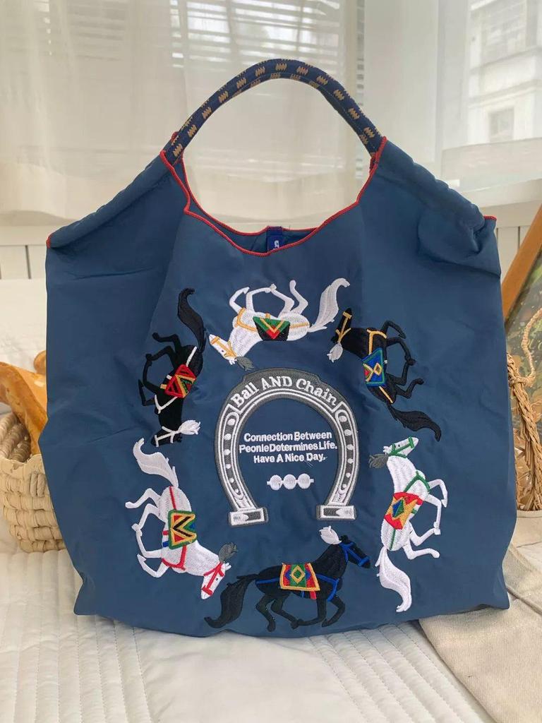 Trendige blaue bestickte Bucket Bag - Vielseitige Handtasche aus Oxford-Gewebe mit großem Fassungsvermögen
