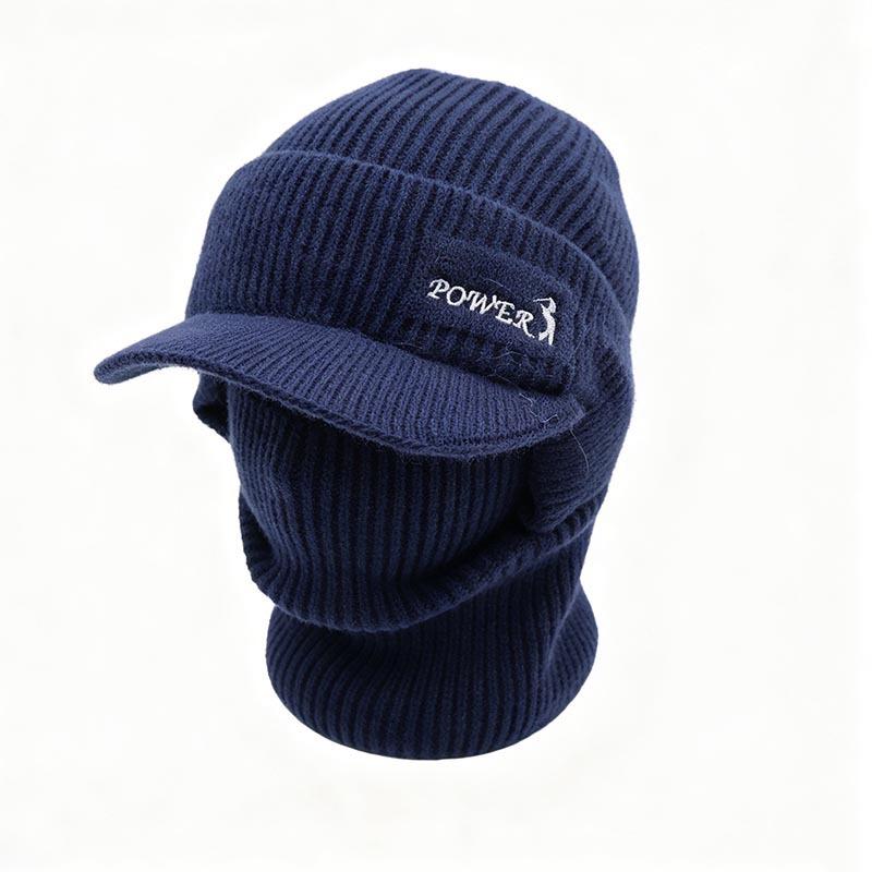 Winter men's integrated knitted hat with brim scarf face protection pullover hat outdoor cycling warm middle-aged and elderly wool hat