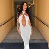 Womens White Halter Neck Maxi Dress Sexy Hollow Out Backless Metal Detail Slim Fit Casual Party Wear