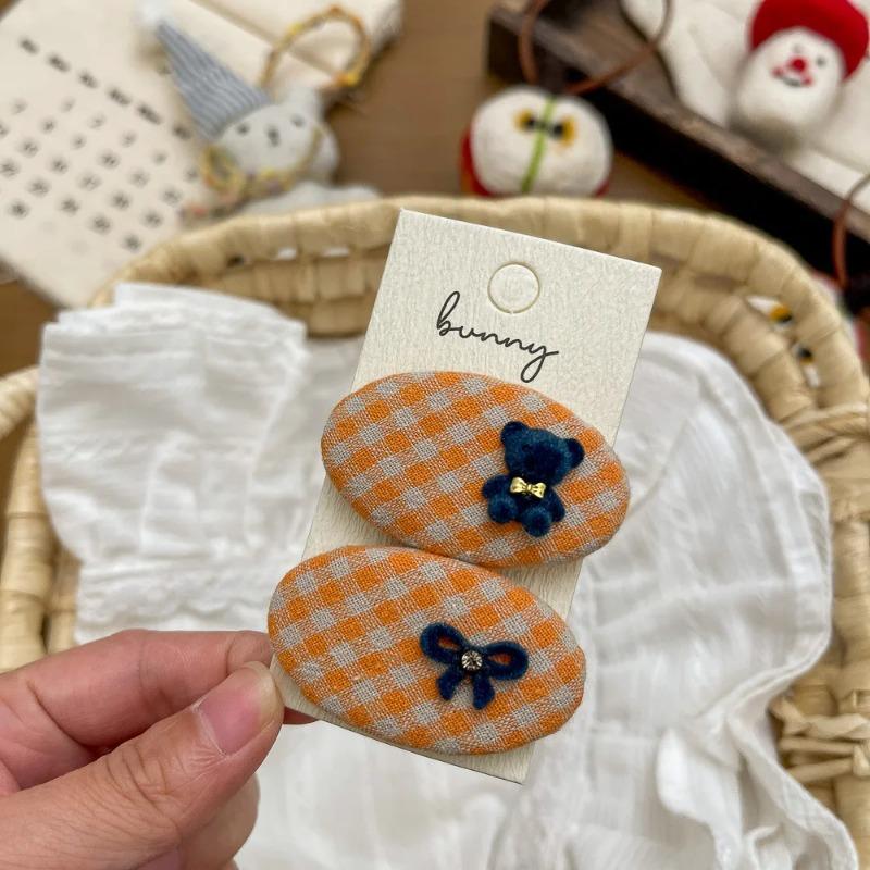 2 Pcs/Set Fabric Plaid Oval BB Clip Cartoon Hairpin Sweet Girl Hair Accessories Bangs Side Clip Barrettes Hair Clip Kids Headwear