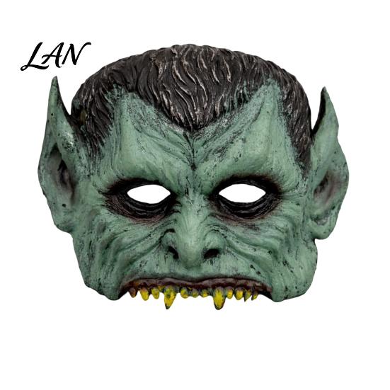 Creepy Halloween Costume Accessory Green Vampire Mask, Half Face Mask with Pointy Ears & Sharp Teeth, Retro Realistic Horror Distressed Party