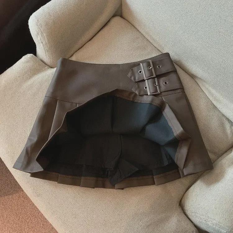 Women's Brown Leather A-Line Skirt: 2024 Autumn, High-Waist, Slim, Pleated, Fashionable PU Design