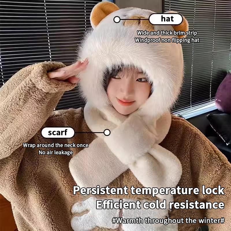 Trendy Cute Cartoon Capybara Hat Scarf Winter Warm Scarf Hat For Women Girls Kawaii Ear Protection Soft Furry Scarf Cap Gifts