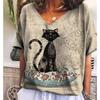 Summer V-neck 3D Cat Printed Top Fashionable Casual Short Sleeved Women's T-shirts
