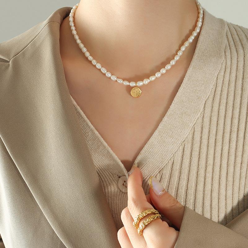 Chinese Style Titanium Steel Gold-Plated Double Xifu Brand Double-Sided Pendant, Freshwater Pearl Necklace, Hong Kong-Style Niche Lucky Jewelry