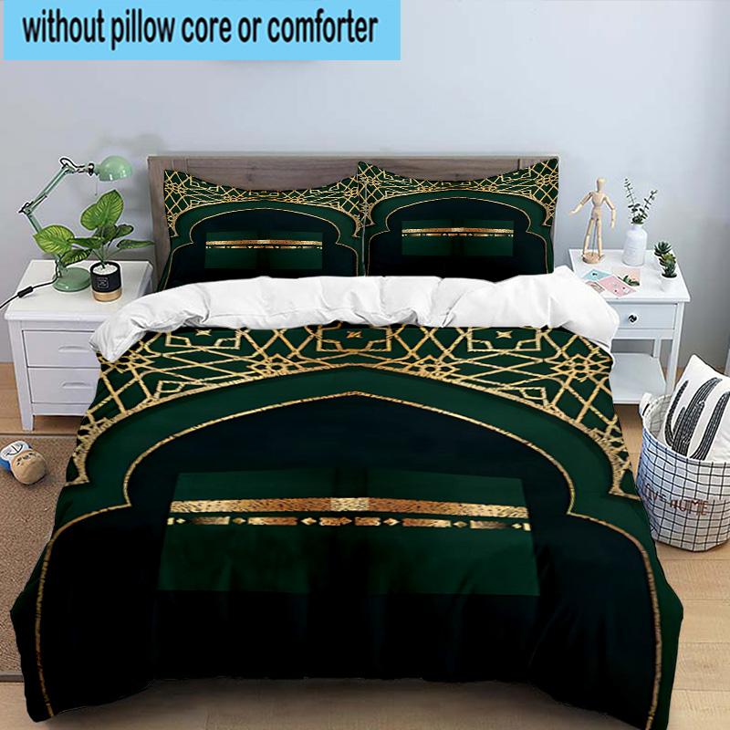 Golden Mosque Silhouette 3pcs Bedding,Including 1pc Duvet Cover And 2pcs Pillowcases Perfect for Christmas,Ideal for Bedroom, Dormitory