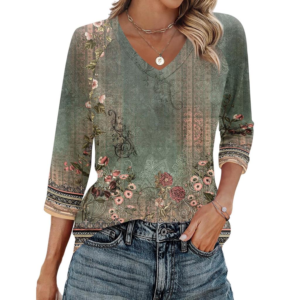 Women's V Neck 3/4 Sleeve Tops Casual T Shirts Basic Summer Tees Loose Fit Fall Pullover Tunic