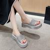 Thick-soled Heightening Word with Slippers Women's Summer Wear Rhinestone Muffin Shoes 2025 Slope Heel Fashion Sandals Women's Shoes
