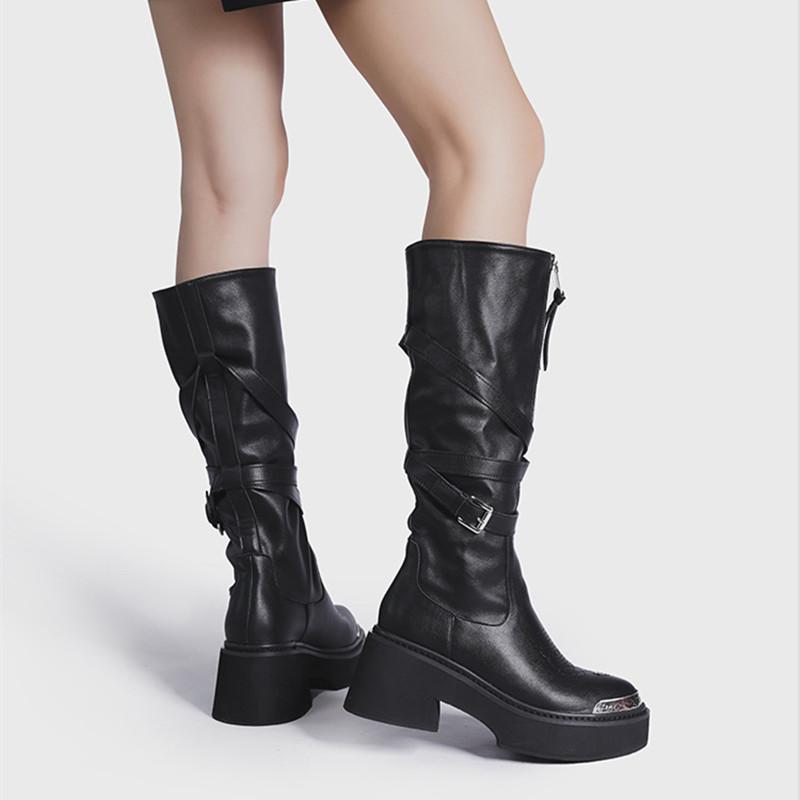 Fashion Autumn Winter Fashion Zipper Leather Women Knee-high Motorcycle Booties Casual Wedges Chunky High heels Knight Long Boots Shoes
