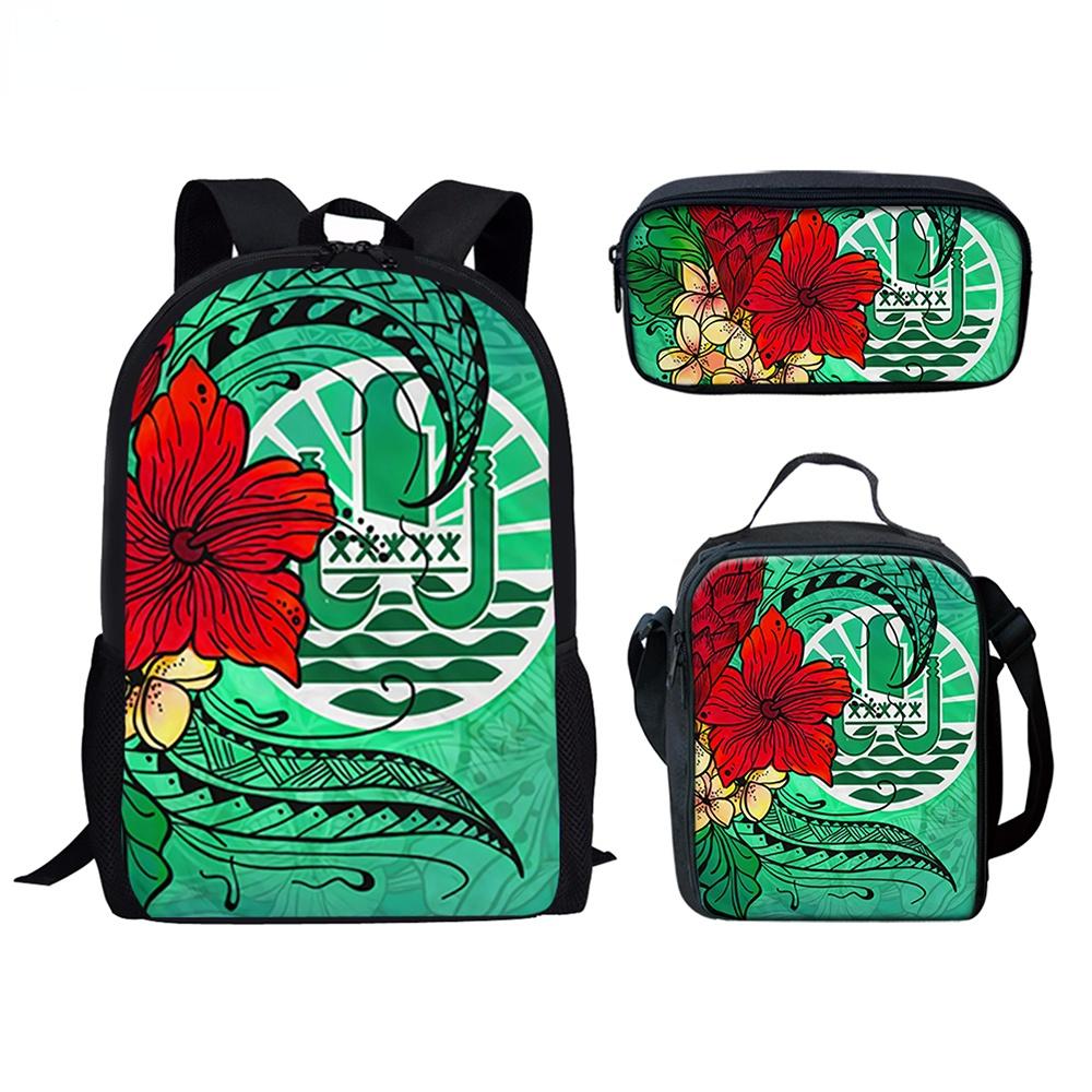 Klassiek Populair Tahiti Polynesiërs Hibiscus 3D Print 3 stuks/Set leerling Schooltassen Laptop Dagrugzak Rugzak Lunchtas Etui