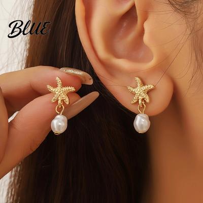 Beach Wedding Earrings Starfish for Women Beachy Seashell Faux Pearl