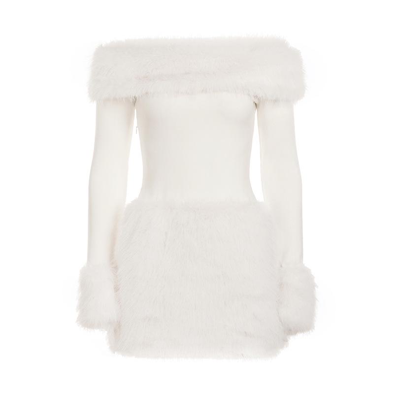

Solid Color One-Shoulder Backless Plush Dress, European/American Autumn/Winter 2025, Slimming Flattering Long Sleeve Short Skirt. S