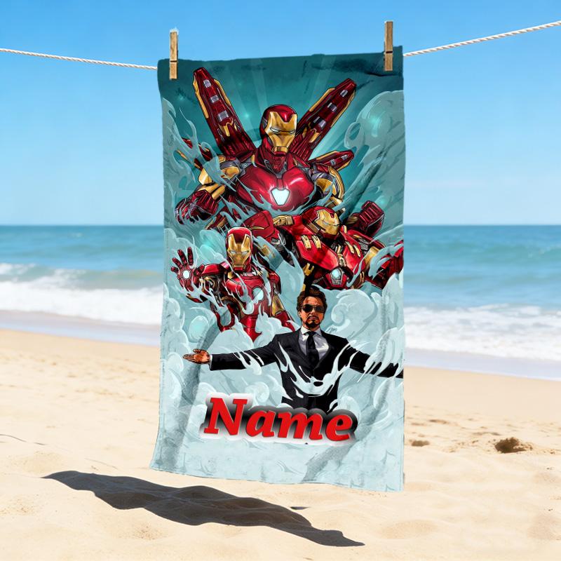 Custom Name Iron Man Flight Stylish Digital Printing Beach Towel Quick‑Drying Absorbent Blanket for Beach Pool Gym Travel