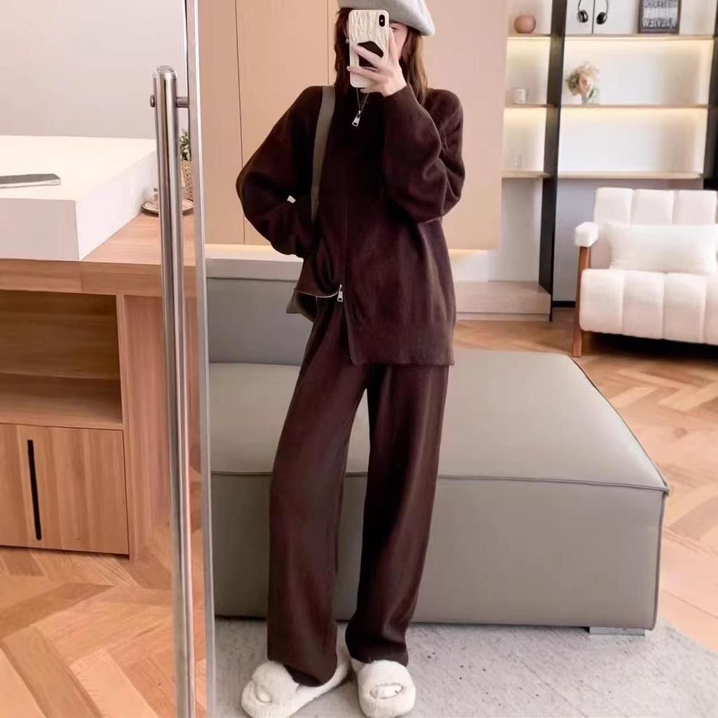 Women's Casual Knit Cardigan & Wide-Leg Pants Two-Piece Set - Autumn/Winter Collection