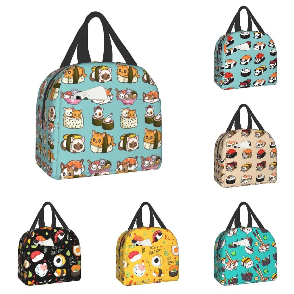 Japanese Anime Food Sushi Cat Lunch Bag Women Children Insulated Lunch Box for Work School Custom Portable Bento Tote Bags