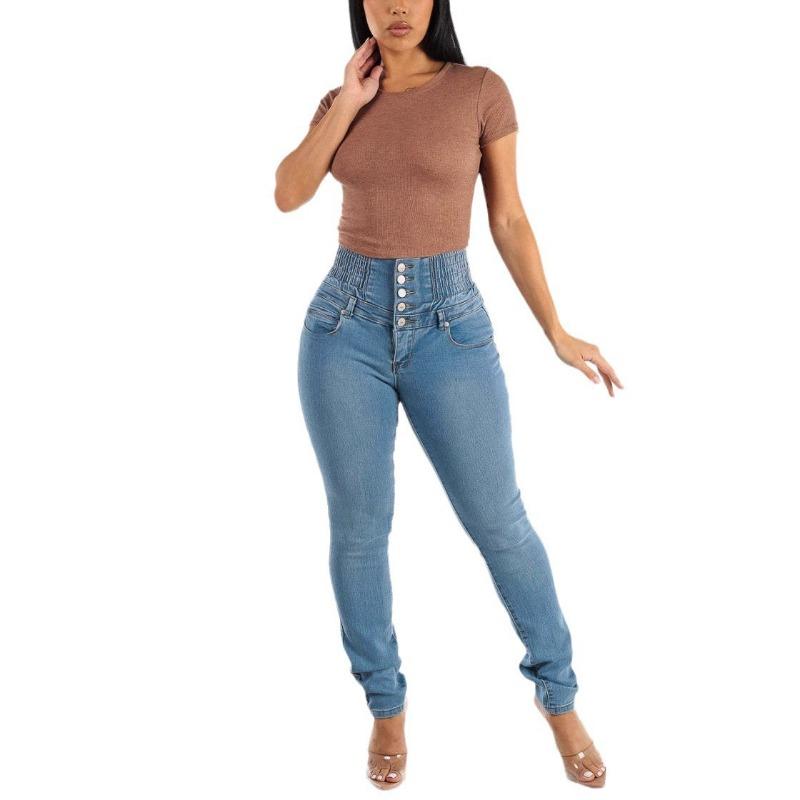 Elastic high-waisted breasted jeans women's spring slim-fitting and thin hips and small feet trousers women