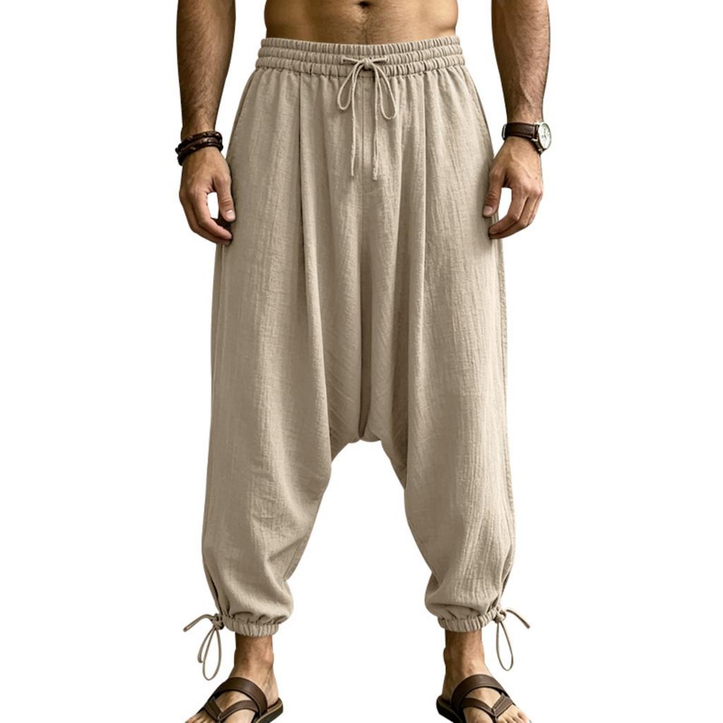 Męskie lniane spodnie joggery z obniżonym krokiem i ściągaczem w pasie na wakacje na plaży i do codziennego letniego ubioru