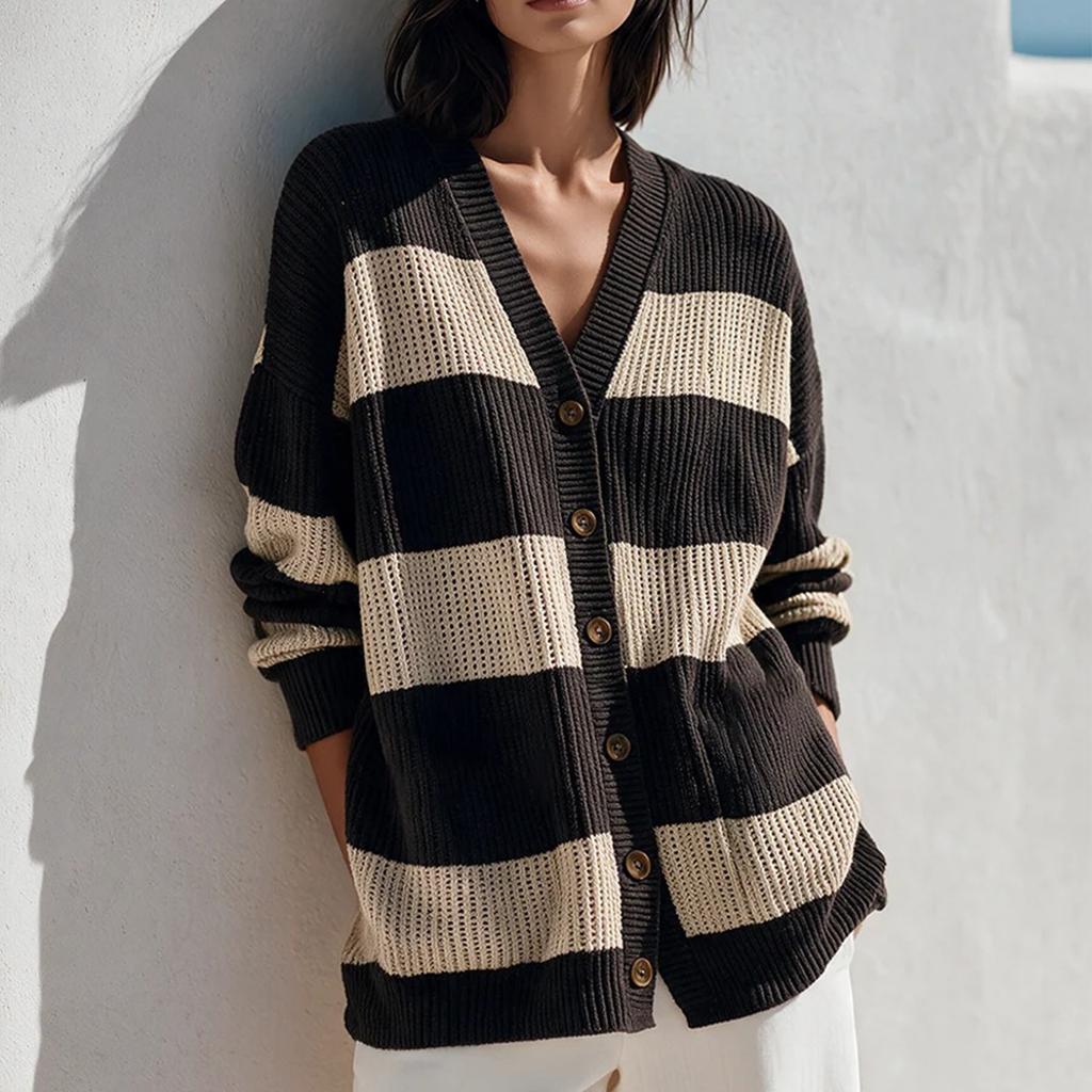 Women's Casual Color Block Striped V-Neck Knit Cardigan Open Front Sweater for Spring and Fall