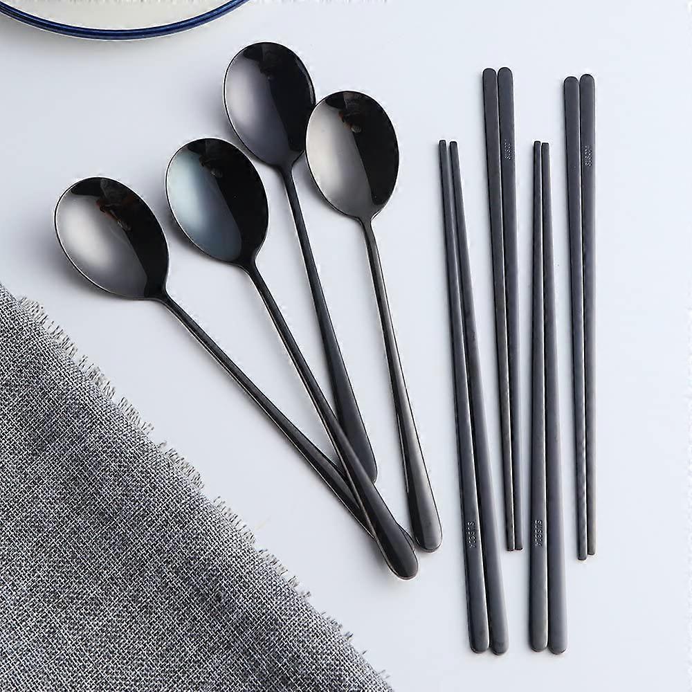 4 Sets Korean Chopsticks Korean Spoons Black Stainless Steel Chopsticks Spoon Service for 4 People