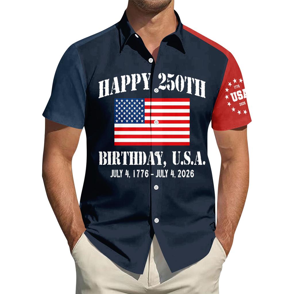 Top da Uomo Stampato per il Giorno dell'Indipendenza con Colletto Camicia Casual Sportiva a Maniche Corte da Uomo