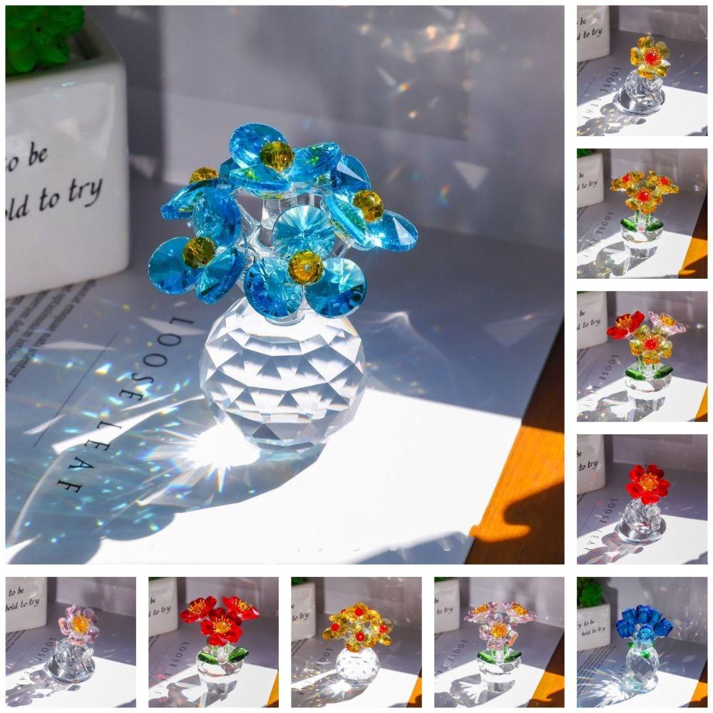 Handcraft Crystal Flower Statue Ornament Clear Base Artificial Flower Figurine Rose Tulip High Transparence