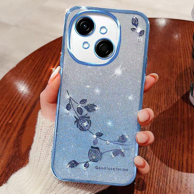 Pouzdro na telefon pro Tecno Spark Go 1 Flashově růžové Květinové Průhledné Ochrana proti nárazům Luxusní Diamantový Třpytivý Ochranný Kryt