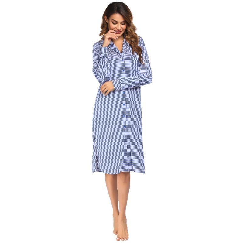 YYFS Women's Fashion Spring Fall Stripe Print Long Sleeve POLO Neck Loose Waistline Casual Dresses