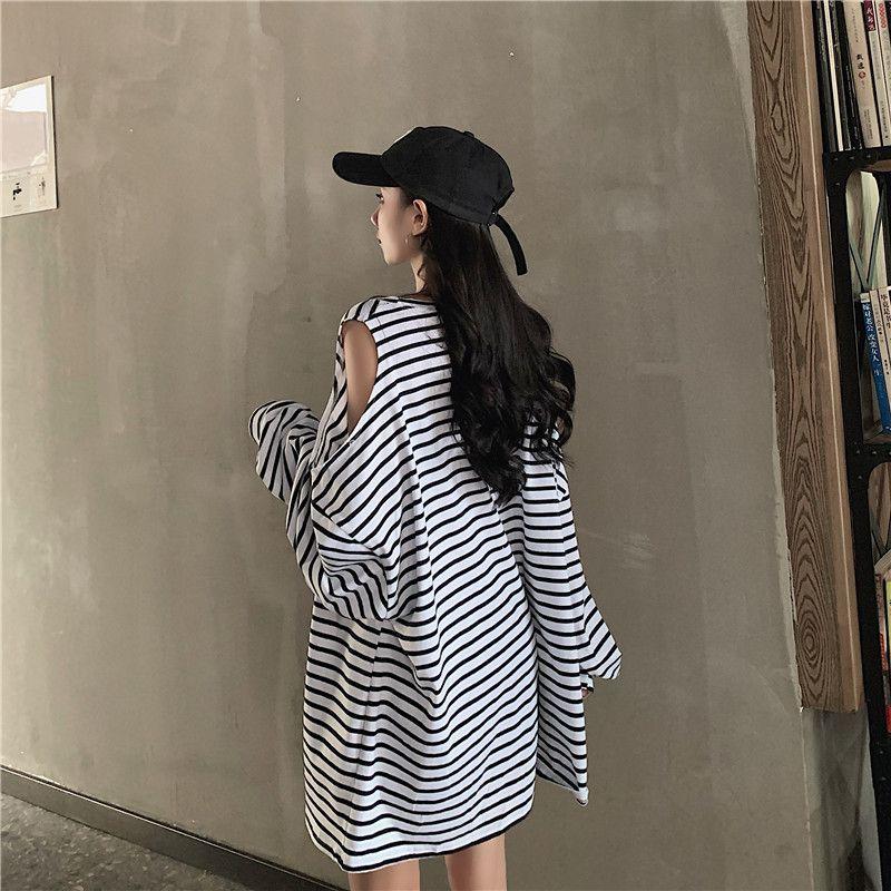 Plus Size Striped Long Sleeve Off Shoulder T-Shirts Women Summer Loose Tops Oversized Baggy Autumn Tshirts