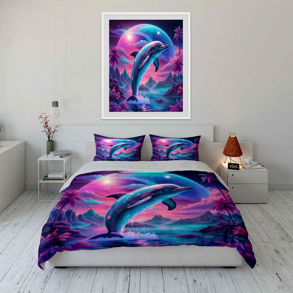 Ensemble de literie Rêve de Dauphin et Ciel Vibrant pour Enfants Cadeau de Luxe 3 pièces Ensemble Couette Impression Numérique Doux Confortable Respirant