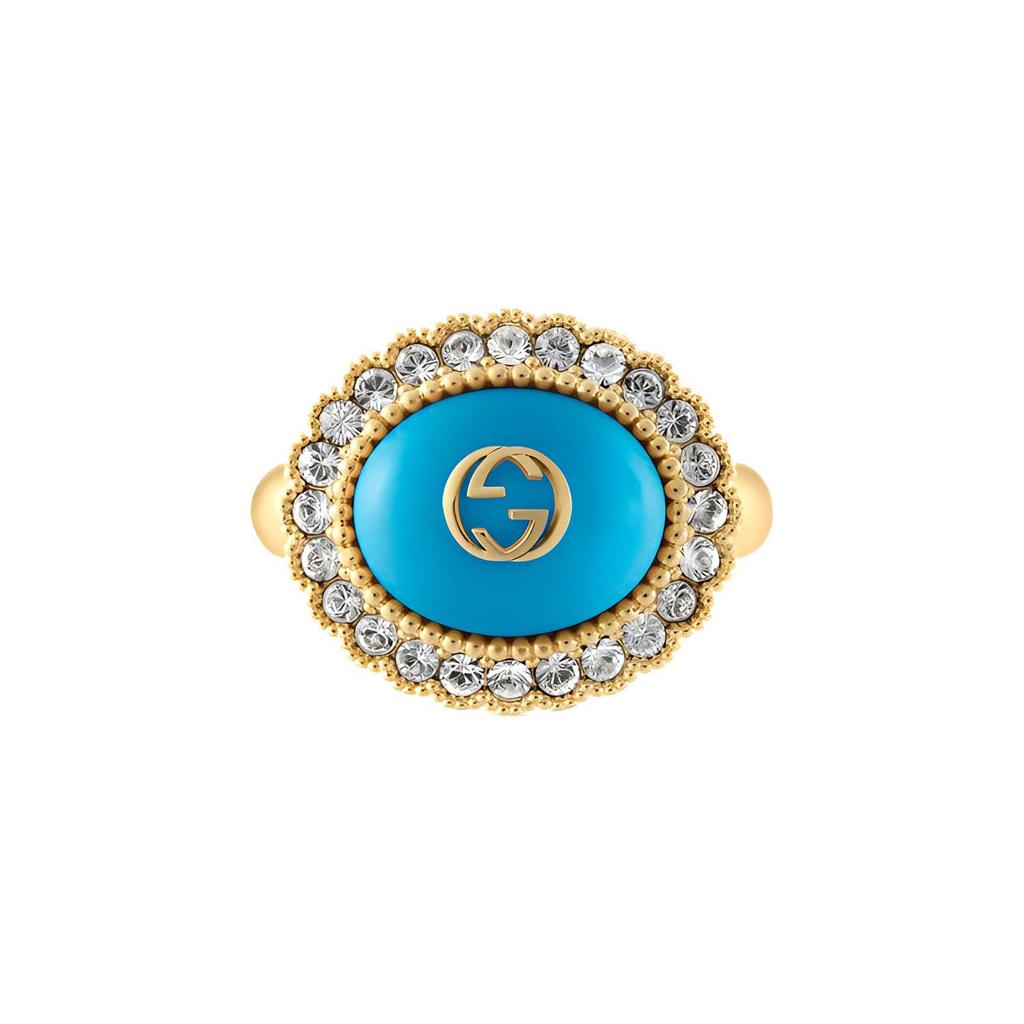 Gucci Double G Interlocking G Pattern Fashion Jewelry Resin Crystal Metal Ring Women rings Blue 753903-I9875-8519