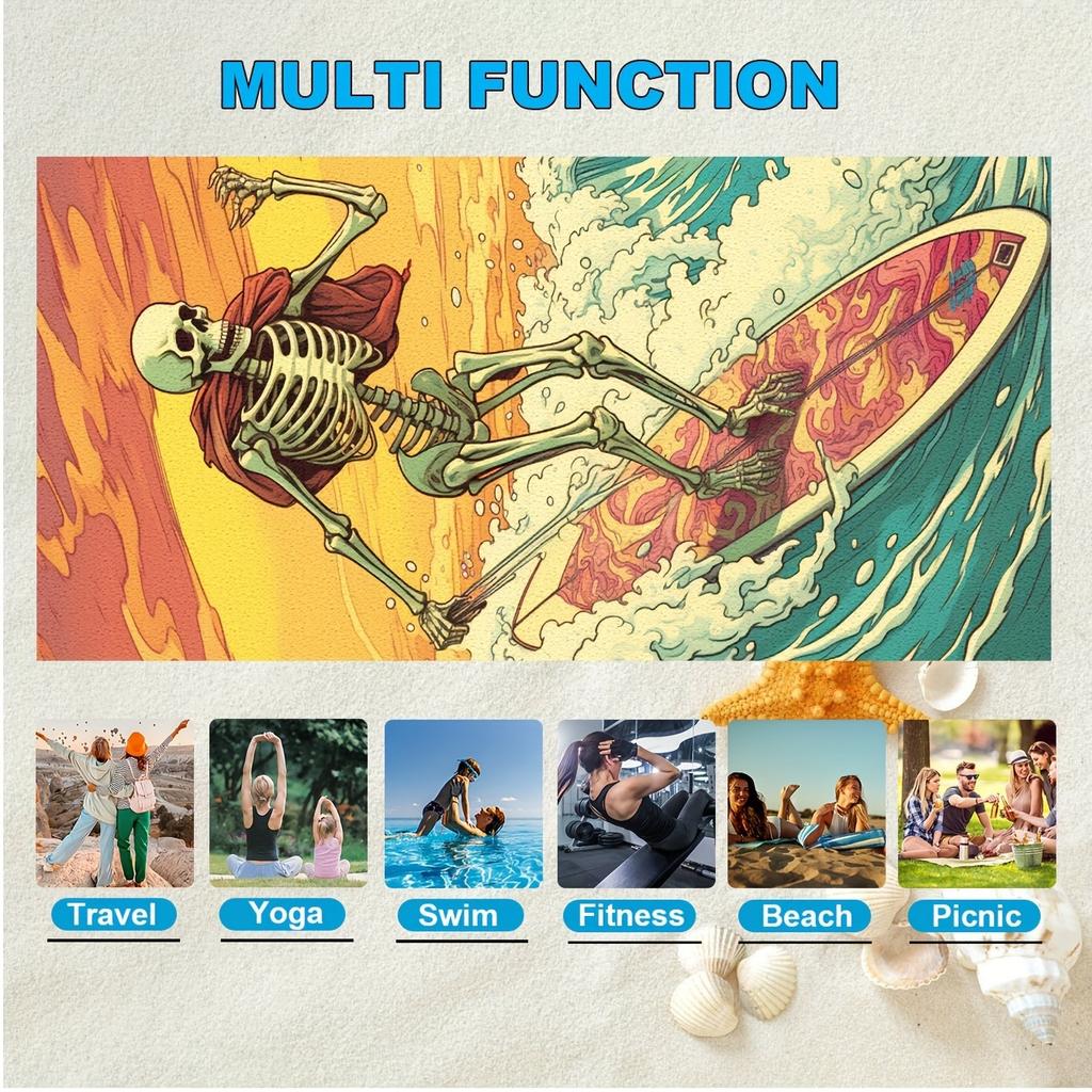 Surfing Skeleton Beach Towel: Breathable, Quick-Dry, Soft, Comfortable - Beach Life Suitable For Towels, Bath Towels