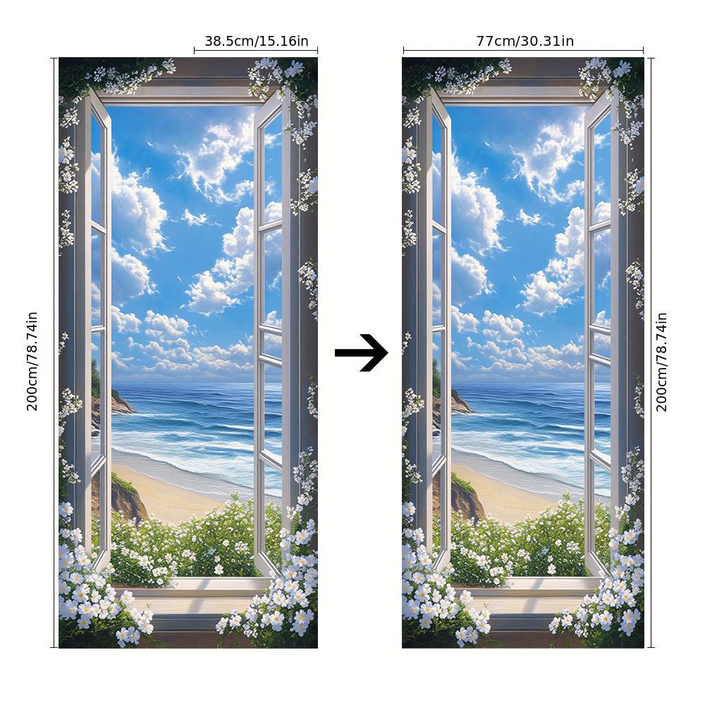 1pcs Self Adhesive Removable Vinyl Door Stickers Sea View Window Stickers Living Room Bedroom Entrance Decoration Stickers Blue