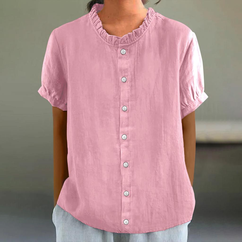 Summer Stand Collar Button Decoration Pure Color Short-sleeved Women's T-shirts