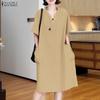ZANZEA Women Turn Down Collar Summer Short Sleeve Casual Dress