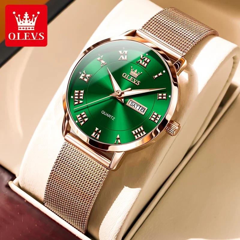 OLEVS Wasserdichte Quarzuhr für Frauen mit Doppelkalender, Milanese-Stahlarmband, Damen-Handuhr, luxuriöse Original-Kleideruhren