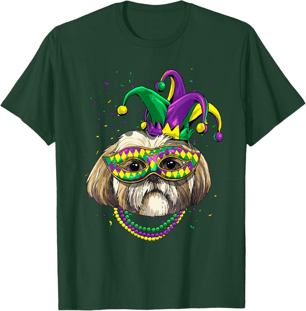Shih Tzu Mardi Gras  Dog Graphic Tee Breathable Cotton Casual T-Shirt for Dog Lovers