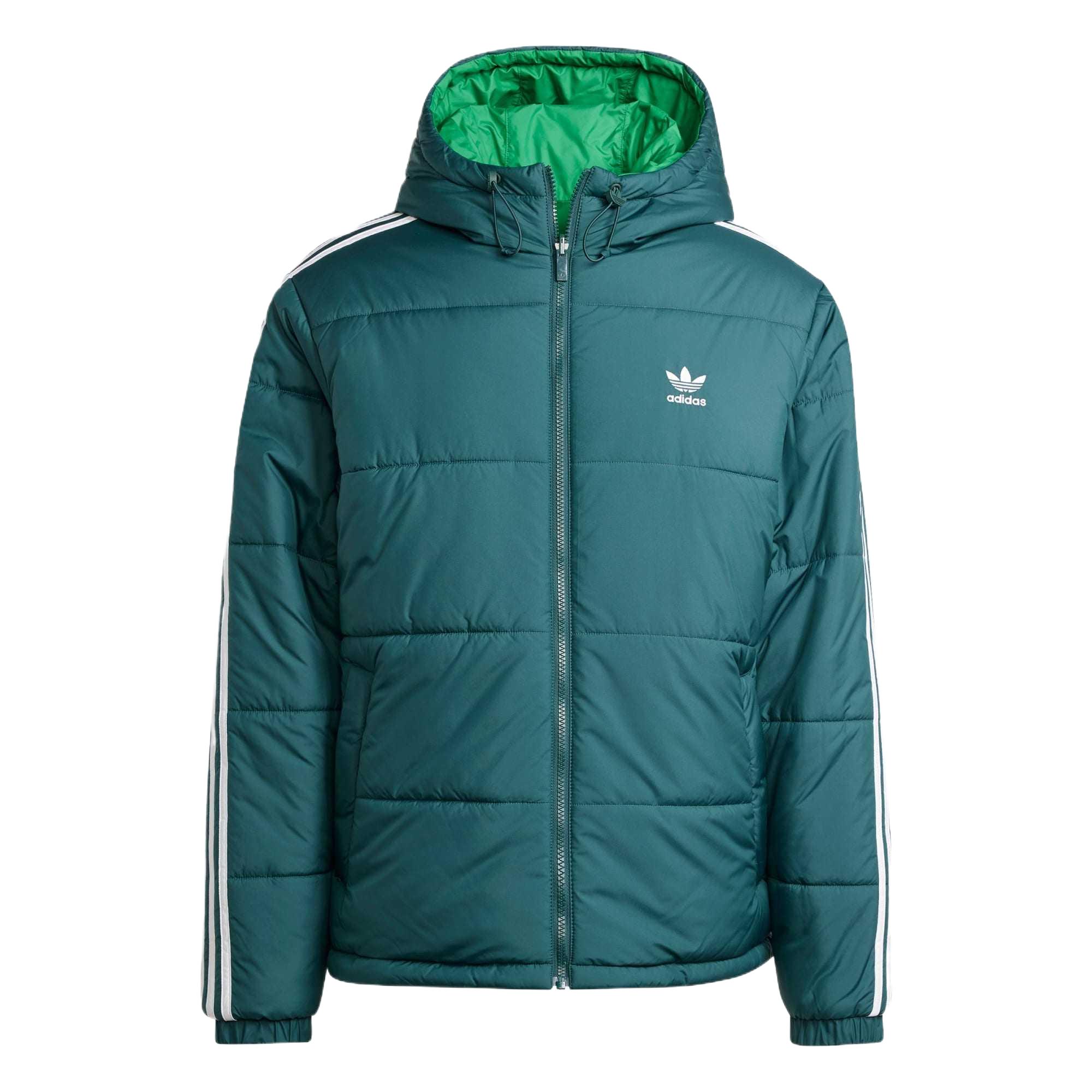 adidas Originals Men s Reversible 3-Stripes Padded Hooded Jacket Green Black JD9072 L