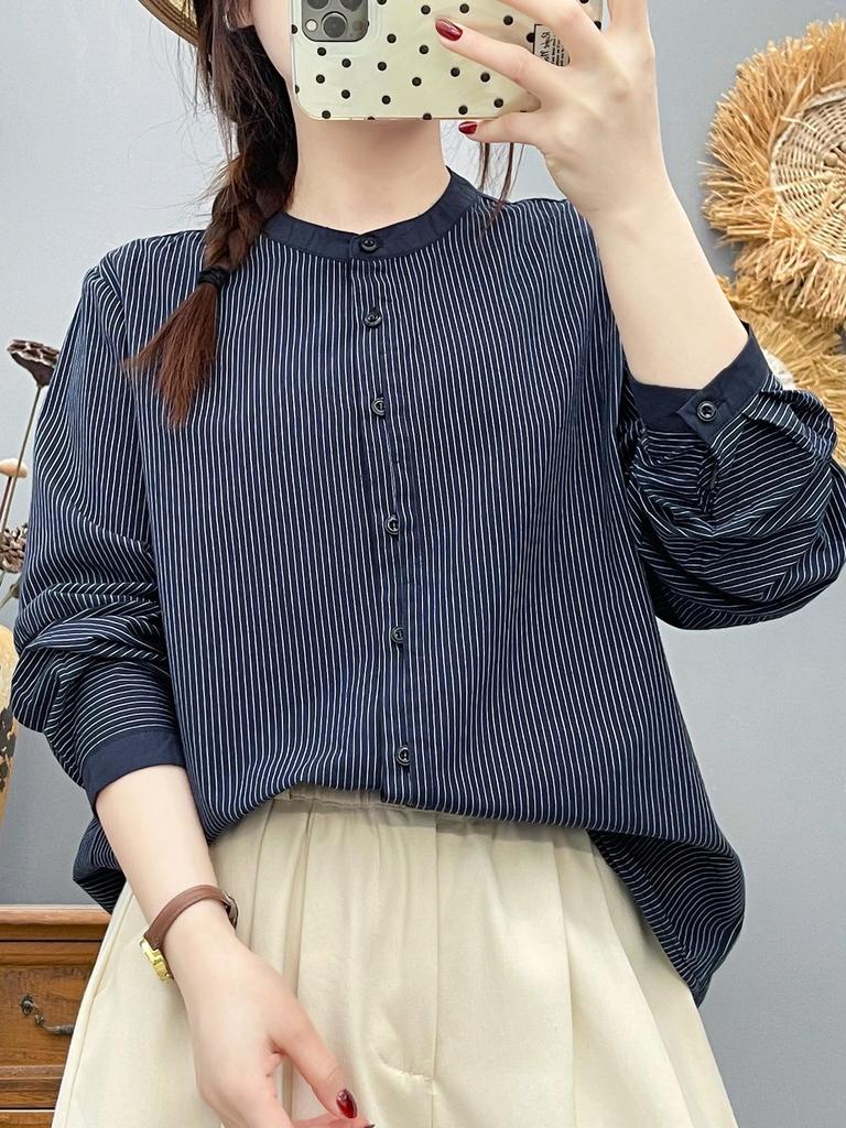 Women's Pure Cotton Striped Stand Collar Long Sleeve Shirt, Loose and Slimming Fit