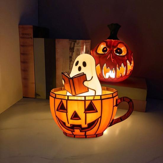 Ghost Reading Book Lamp Cute LED Ghost Reading in Pumpkin Cup Halloween Night Light for Bedroom Tabletop Decor