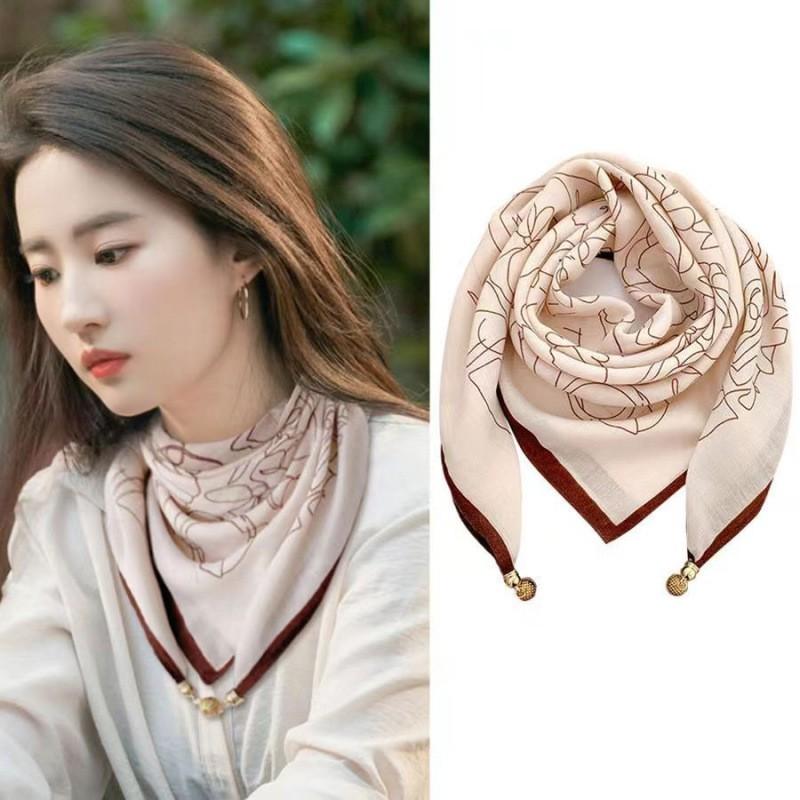 Womens Cotton Square Scarf With Magnetic Clasp Lightweight Winter Wrap Accessory Floral Print