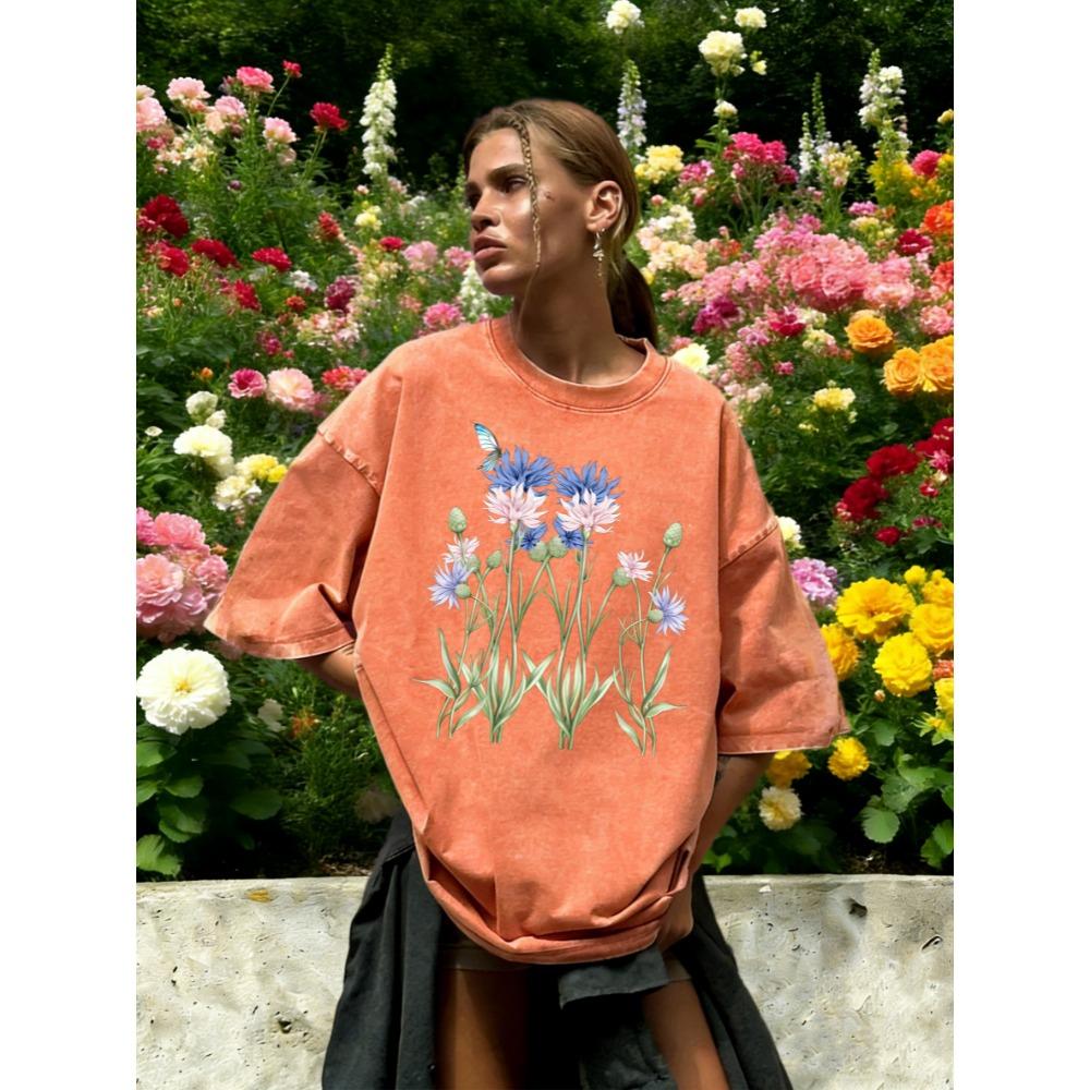 T-shirt Lavé pour Femme Imprimé Papillon Bleuet Artistique Été Ample T-shirt à Col Rond Vêtements en Coton